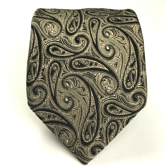 CHAPS Tie Men's 100% Silk Necktie Designer PAISLEY Black Tan Classic Wide 57.5" - Picture 2 of 10